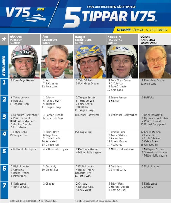 Fem tippar V75 Romme 18 december 2021